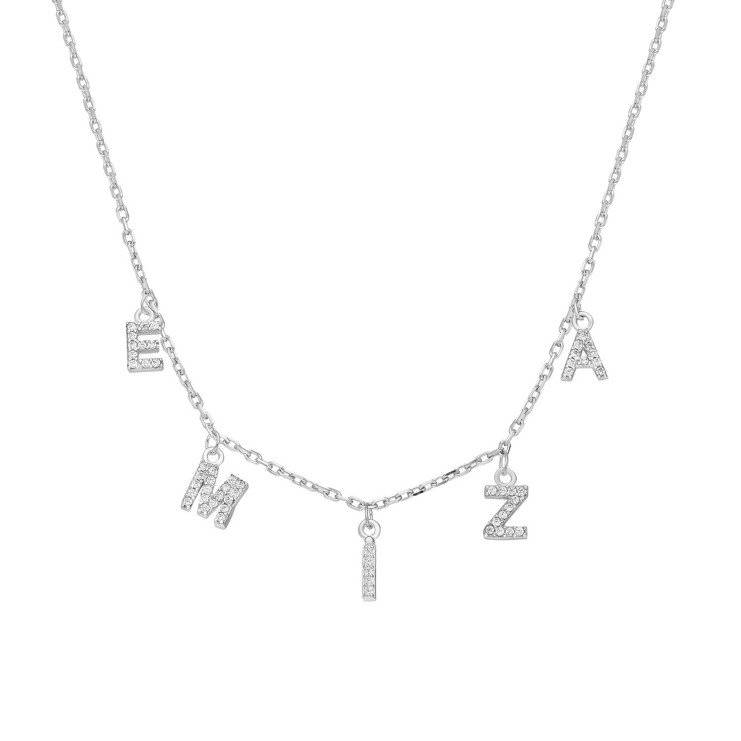 Naamketting met losse letters en zirkonia stenen – Gepersonaliseerd, Sterling Zilver - Emiza Jewellery