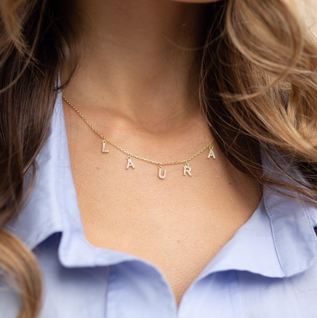 Naamketting met losse letters en zirkonia stenen – Gepersonaliseerd, Sterling Zilver - Emiza Jewellery