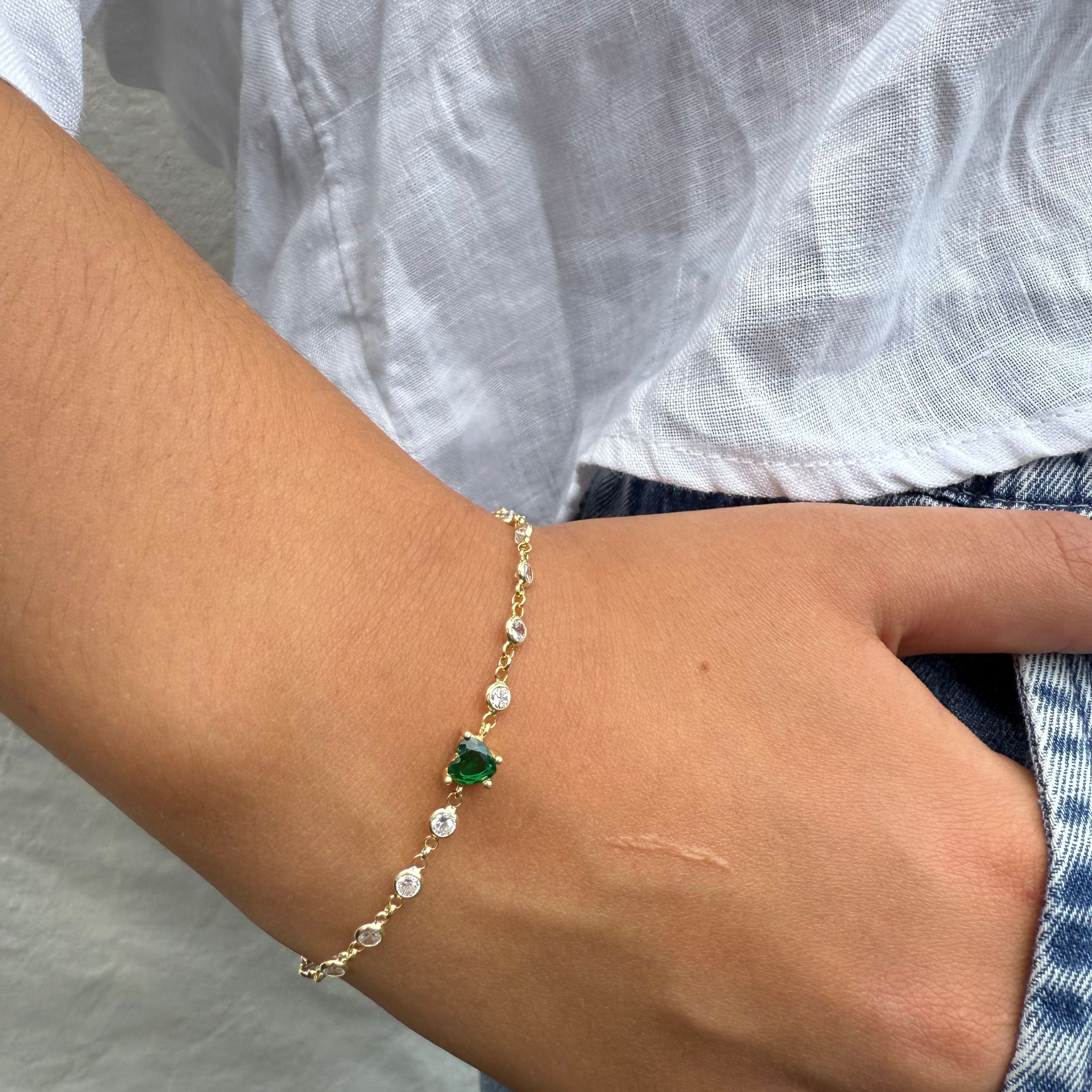 Goudkleurige armband met groene hartvormige zirkonia en kristallen, 925 sterling zilver