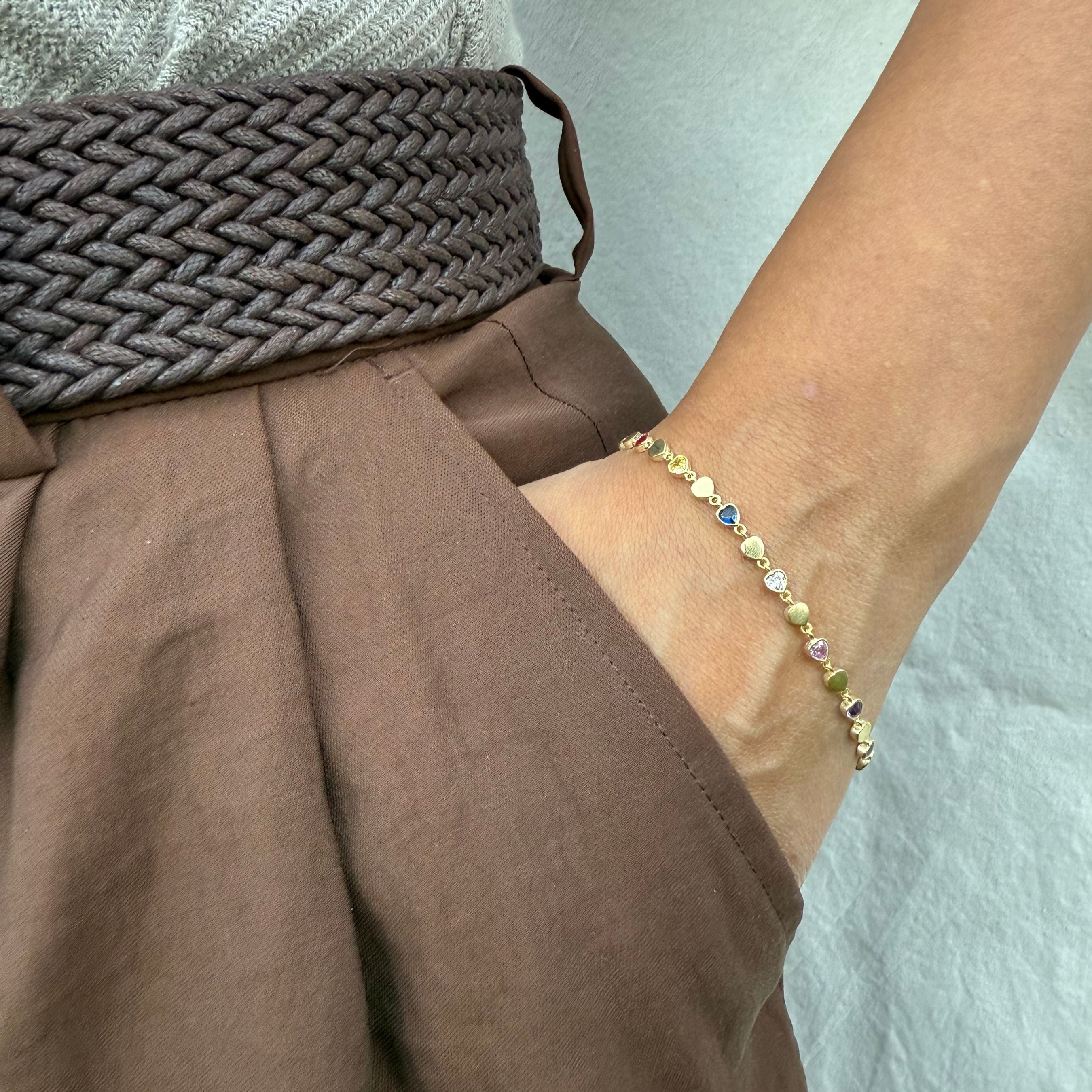 Goudkleurige armband met gekleurde hartvormige zirkonia, 925 sterling zilver