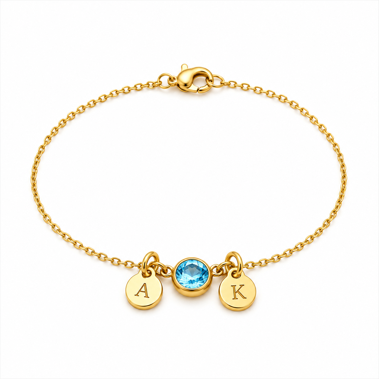 armband met maandsteen rond bedels met letter a december en K