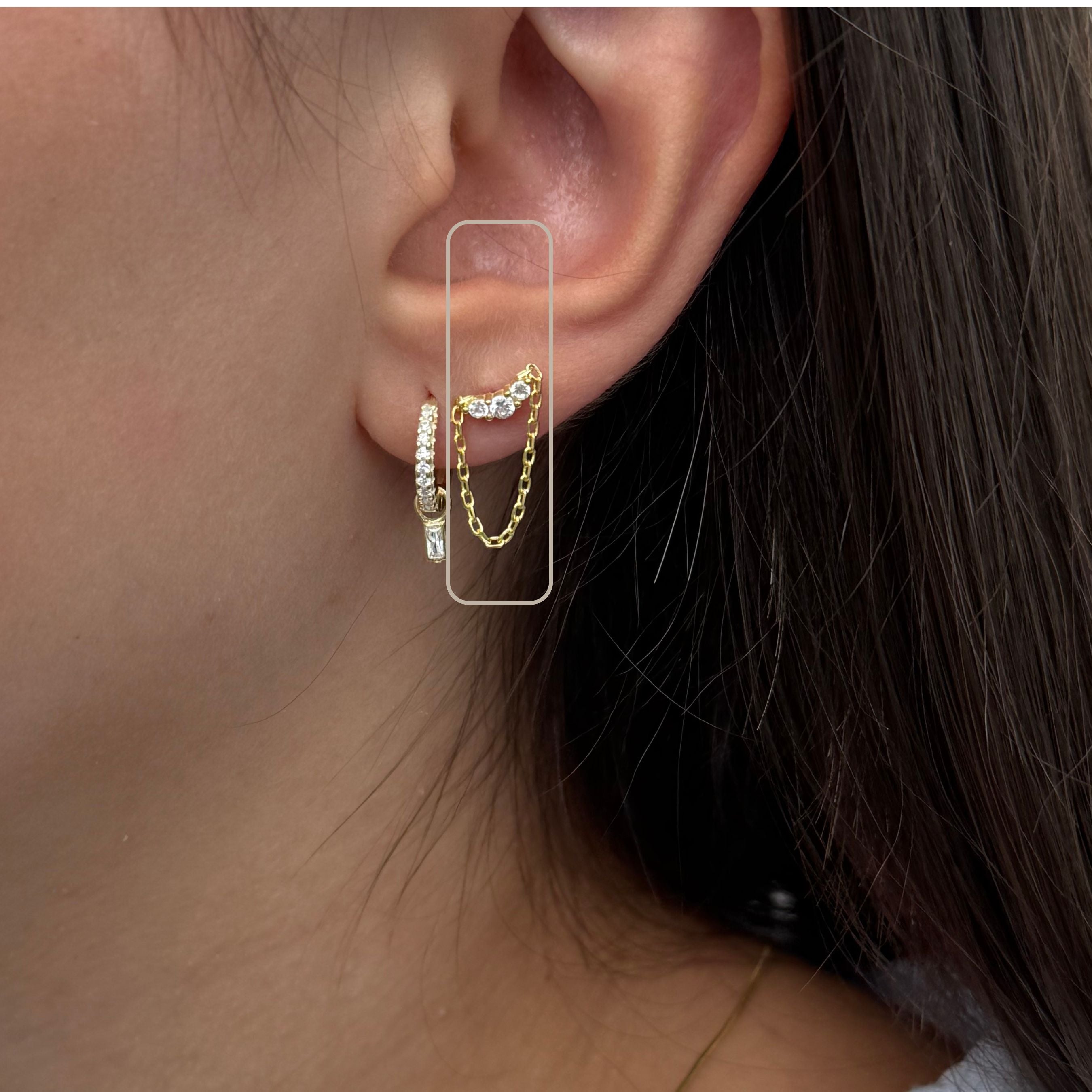 Trendy gouden oorbel met dubbele ketting en fonkelende zirkonia, gemaakt van 925 sterling zilver