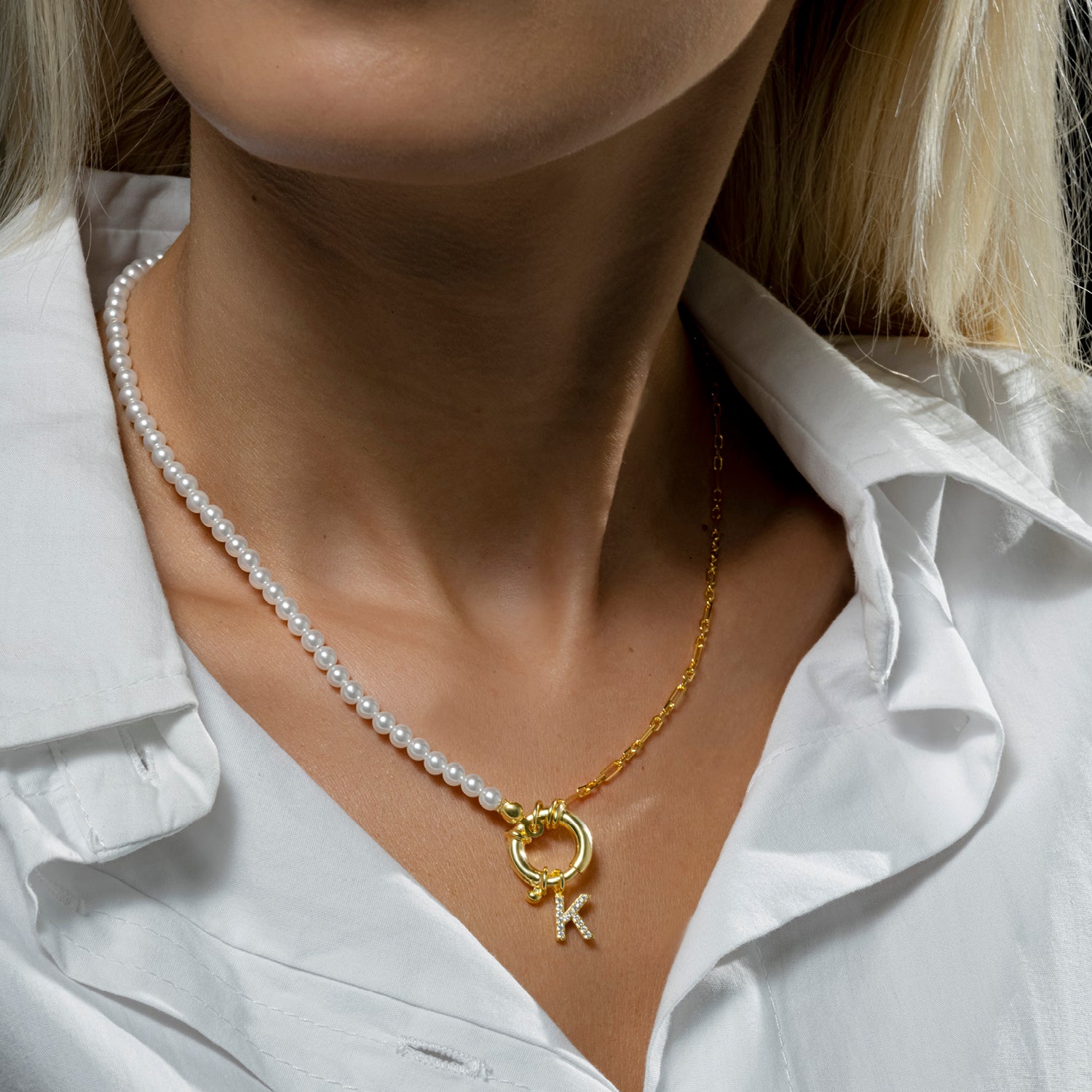 Combi Parel Ketting met Initiaal – Gepersonaliseerd, Verguld Zilver