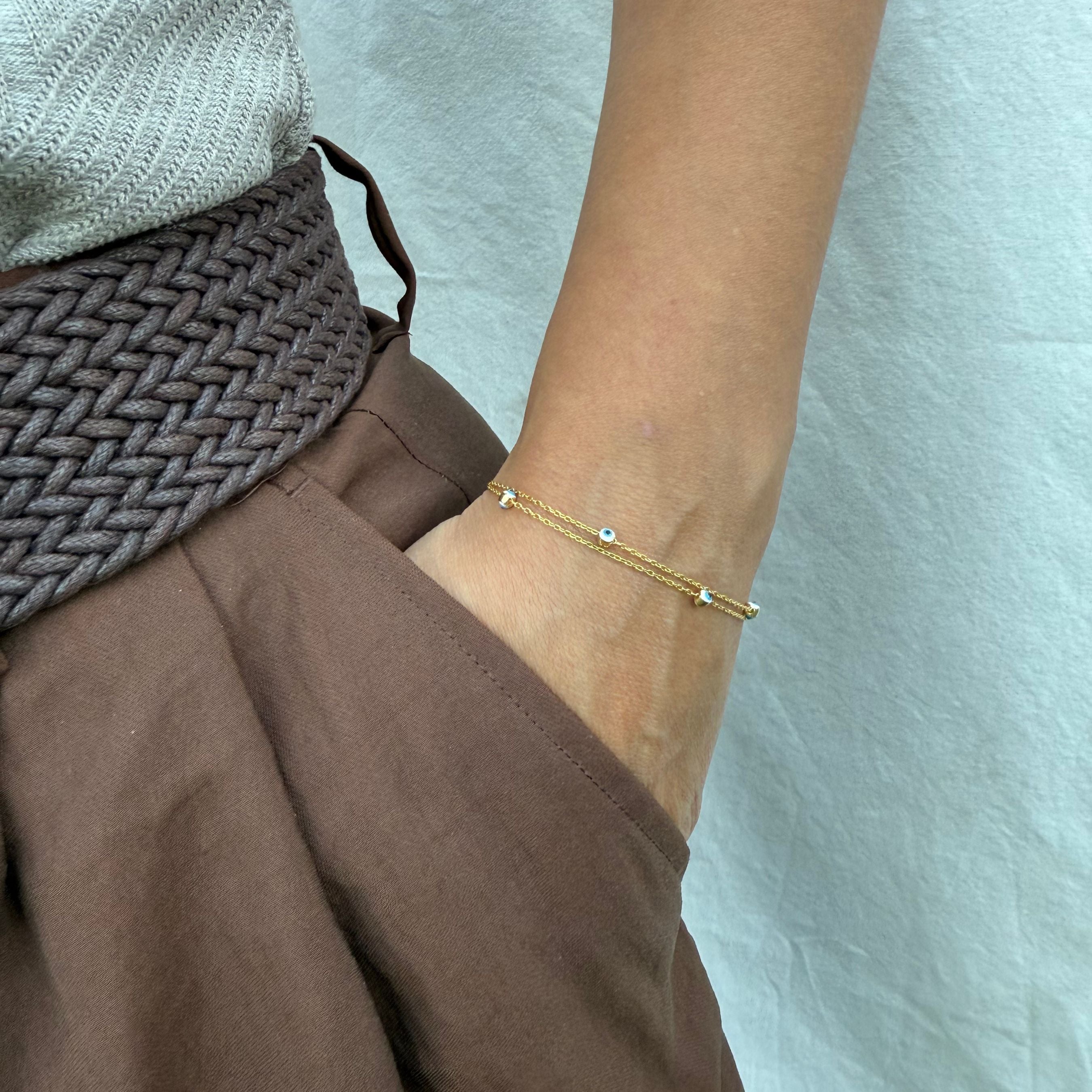 Goudkleurige dubbele armband met boze oogjes, 925 sterling zilver

